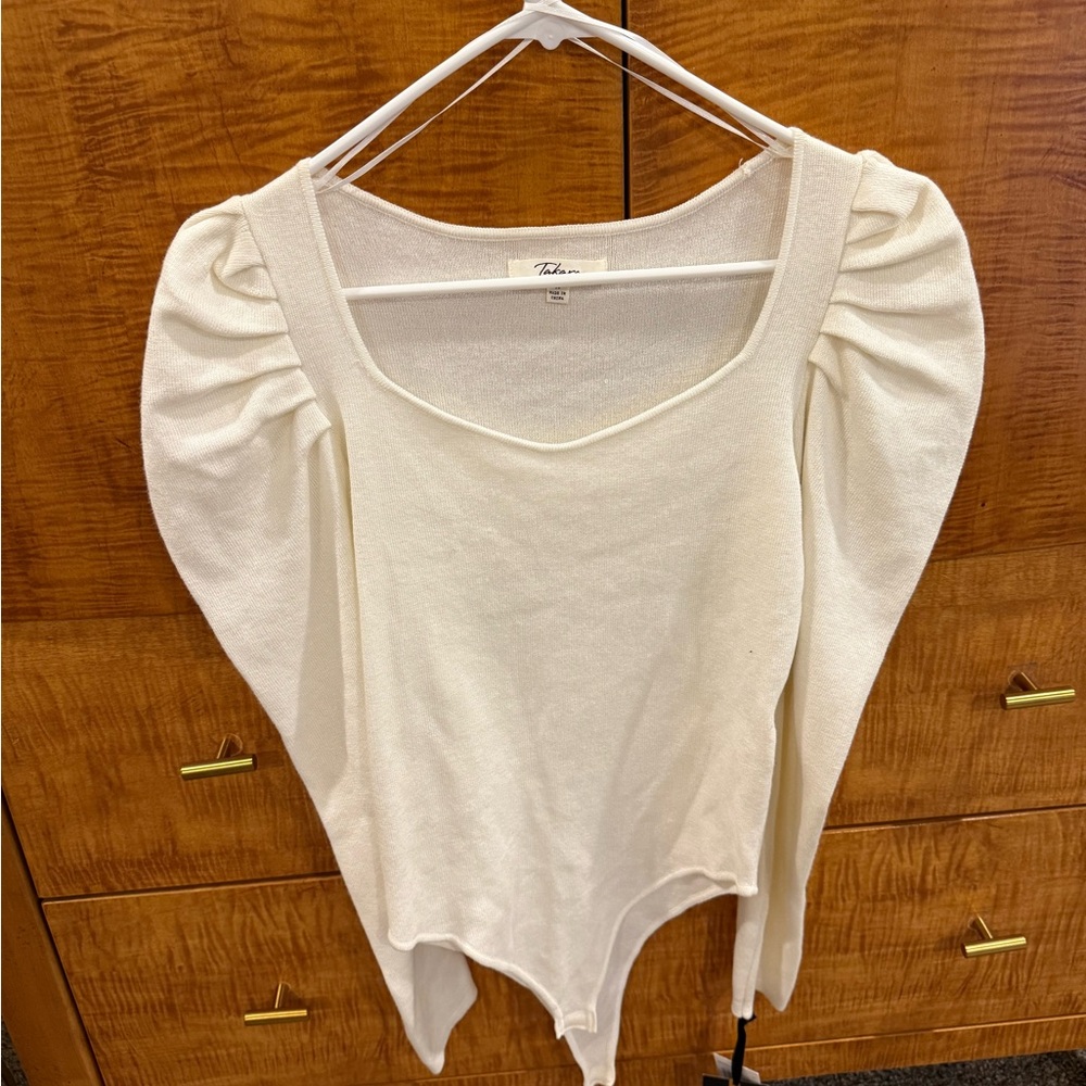NWT Takara Cream Bodysuit with Asymmetrical Ruffled Puff Sleeves